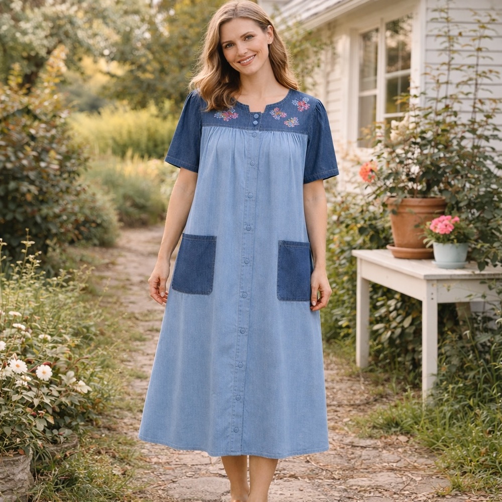 Go Softly Patio Chambray Embroidered Butterflies Dress Y2K Cottagecore Small